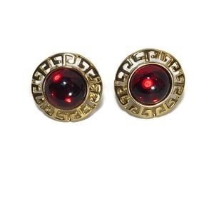 Gold Tone and Red Cabochons  Clip Earrings